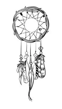 Vector illustration with hand drawn dream catcher. Feathers and beads. Stock Illustration