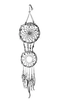 Vector illustration with hand drawn dream catcher. Feathers and beads. Stock Illustration