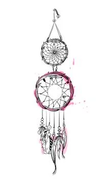 Vector illustration with hand drawn dream catcher with pink accents.  Stock Illustration