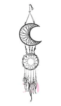 Vector illustration with hand drawn dream catcher with pink accents.  Stock Illustration