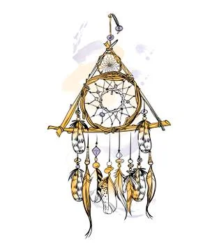 Vector illustration with hand drawn dream catcher and watercolor stains.  Stock Illustration