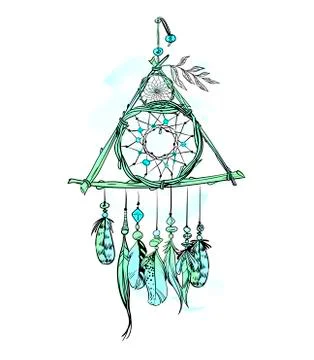 Vector illustration with hand drawn dream catcher and watercolor stains.  Stock Illustration