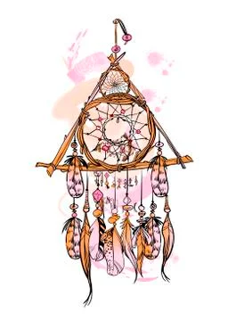 Vector illustration with hand drawn dream catcher and watercolor stains.  Stock Illustration