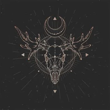 Vector illustration with hand drawn Elk skull and Sacred geometric symbol on  Stock Illustration