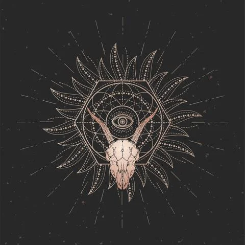 Vector illustration with hand drawn Goat skull and Sacred geometric symbol on Stock Illustration