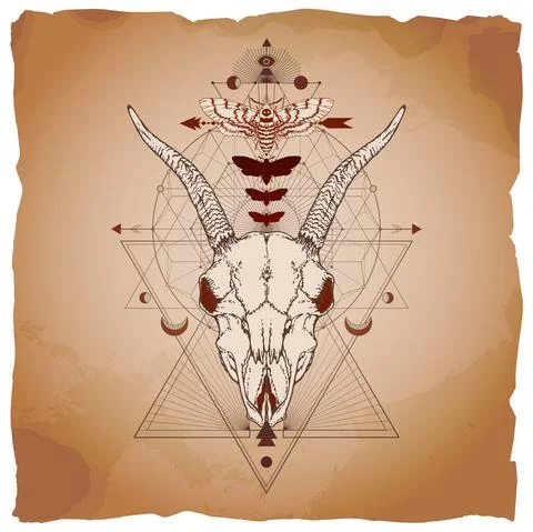 Vector illustration with hand drawn goat skull, dead head moth and Sacred geo Stock Illustration