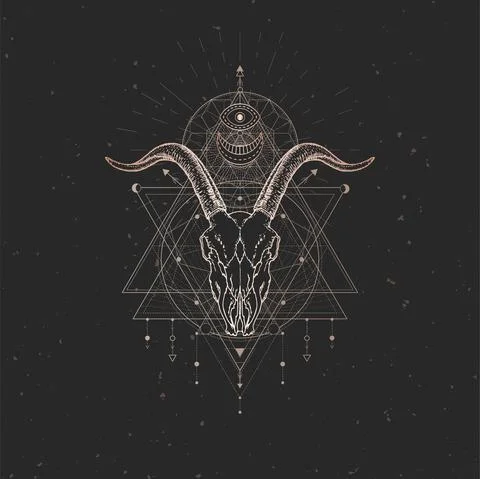 Vector illustration with hand drawn Goat skull and Sacred geometric symbol on Stock Illustration