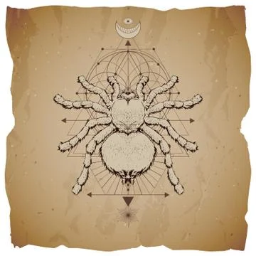 Vector illustration with hand drawn insect and Sacred geometric symbol on vin Stock Illustration