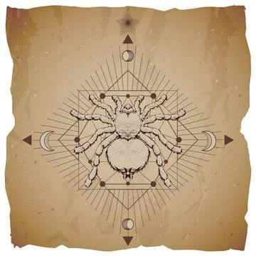 Vector illustration with hand drawn insect and Sacred geometric symbol on vin Stock Illustration