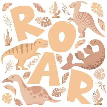 Vector illustration with hand drawn lettering and cute cartoon dinosaurs, b.. Stock Illustration