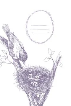 Vector illustration of hand drawn nest with spotted eggs and bird. Graphic style Stock Illustration