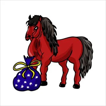 Vector illustration of a hand-drawn New Year s red horse with a bag of gifts Illustrazione stock