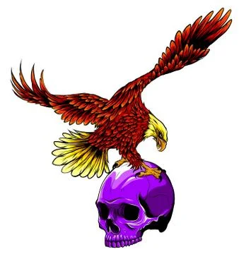 Vector illustration with hand drawn ornate eagle on human skull with rose Stock Illustration