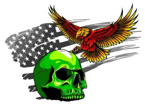 Vector illustration with hand drawn ornate eagle on human skull with rose Stock Illustration