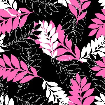 Vector Illustration Hand drawn of pink black white tropical palm leaves. Seam Ilustração Stock