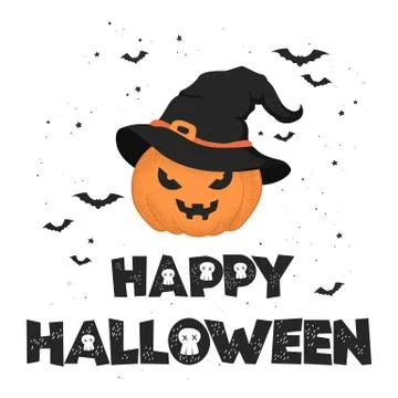 Vector illustration with hand drawn pumpkin in witch hat and lettering Happy  Stock Illustration