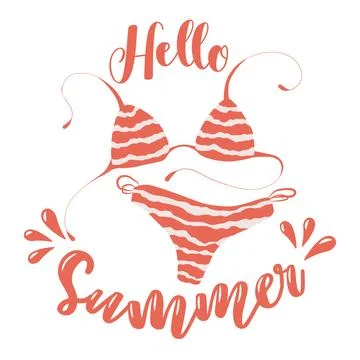 Vector illustration with hand drawn quote Hello Summer and red swimsuit iso.. Stock Illustration