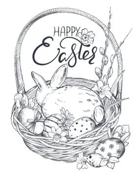 Vector illustration of hand drawn rabbit in the basket with ornate eggs and Illustrazione stock