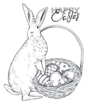 Vector illustration of hand drawn rabbit near the basket with Easter eggs and 库存插图