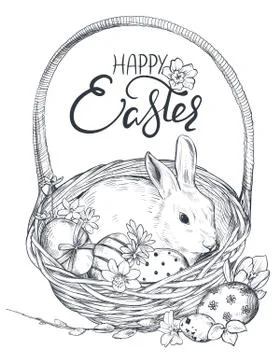 Vector illustration of hand drawn rabbit in the basket with ornate eggs and Illustrazione stock
