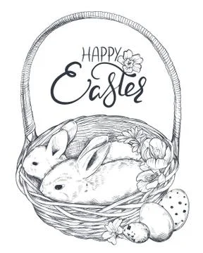 Vector illustration of hand drawn rabbits in the basket with ornate eggs and Stock Illustration