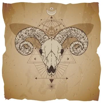 Vector illustration with hand drawn ram skull, dead head moth and Sacred geom Stock Illustration