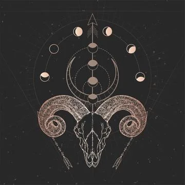 Vector illustration with hand drawn Ram skull and Sacred geometric symbol on  Stock Illustration
