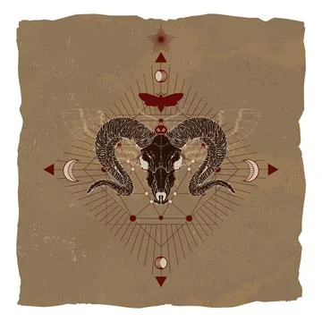 Vector illustration with hand drawn ram skull, dead head moth and Sacred geom Stock Illustration