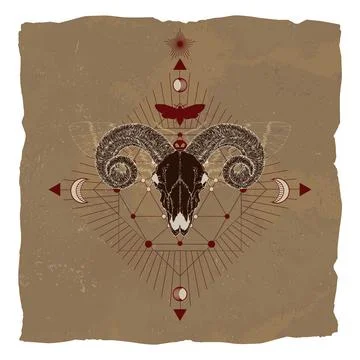Vector illustration with hand drawn ram skull, dead head moth and Sacred geom Stock Illustration