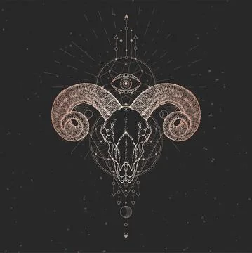 Vector illustration with hand drawn Ram skull and Sacred geometric symbol on  Stock Illustration
