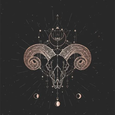 Vector illustration with hand drawn Ram skull and Sacred geometric symbol on  Stock Illustration