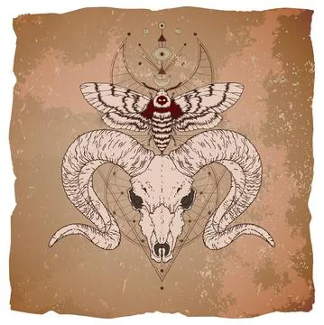 Vector illustration with hand drawn ram skull, dead head moth and Sacred geom Stock Illustration