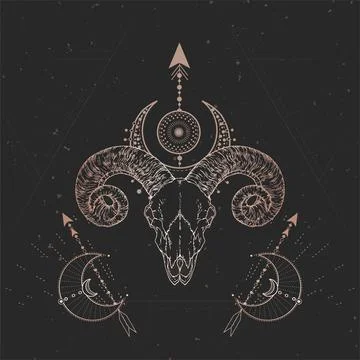 Vector illustration with hand drawn Ram skull and Sacred geometric symbol on  Stock Illustration