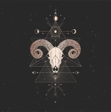 Vector illustration with hand drawn Ram skull and Sacred geometric symbol on  Stock Illustration
