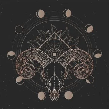 Vector illustration with hand drawn Ram skull and Sacred geometric symbol on  Stock Illustration