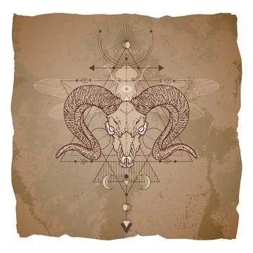 Vector illustration with hand drawn ram skull, dragonfly and Sacred geometric Stock Illustration