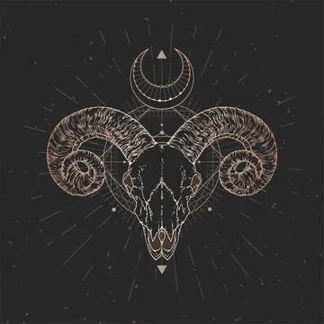 Vector illustration with hand drawn Ram skull and Sacred geometric symbol on  Stock Illustration
