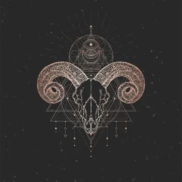 Vector illustration with hand drawn Ram skull and Sacred geometric symbol on  Stock Illustration