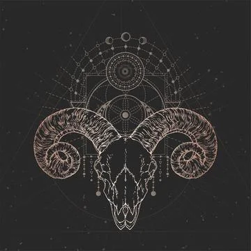 Vector illustration with hand drawn Ram skull and Sacred geometric symbol on  Stock Illustration