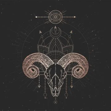 Vector illustration with hand drawn Ram skull and Sacred geometric symbol on  Stock Illustration