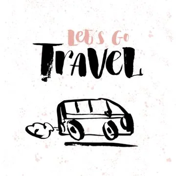 Vector illustration. Hand drawn retro car with suitcases and hand written Stock Illustration
