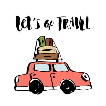 Vector illustration. Hand drawn retro car with suitcases and hand written Stock Illustration