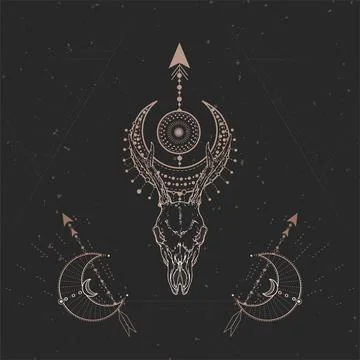 Vector illustration with hand drawn Roe deer skull and Sacred geometric symbo Stock Illustration