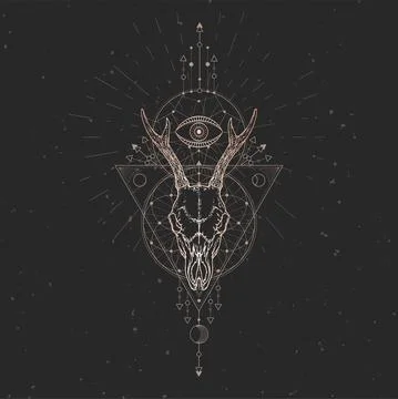 Vector illustration with hand drawn Roe deer skull and Sacred geometric symbo Stock Illustration