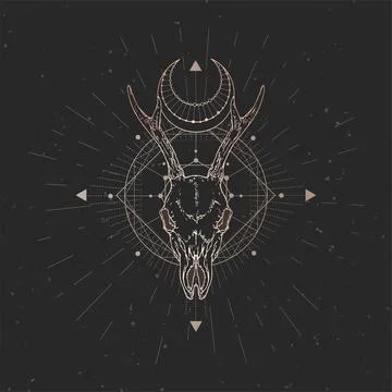 Vector illustration with hand drawn Roe deer skull and Sacred geometric symbo Stock Illustration