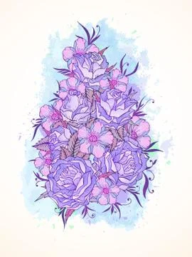 Vector illustration with hand drawn roses, flowers and branches on a backgrou Stock Illustration