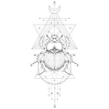 Vector illustration with hand drawn scarab and Sacred geometric symbol on whi Stock Illustration