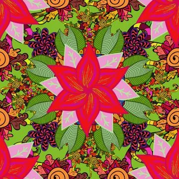 Vector illustration. Hand drawn. Seamless floral pattern in folk style with flow 스톡 일러스트