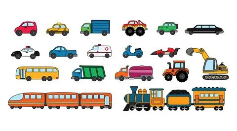 Vector illustration hand drawn set of transportation vehicle car and trains.. Stock Illustration