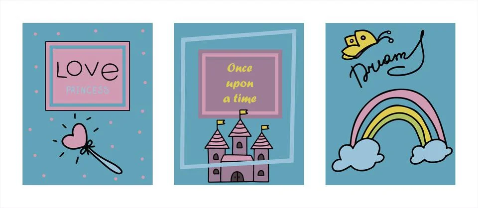 Vector Illustration Hand-Drawn Sketchy Fairy Tale Princess banners Tiara Crown Stock Illustration